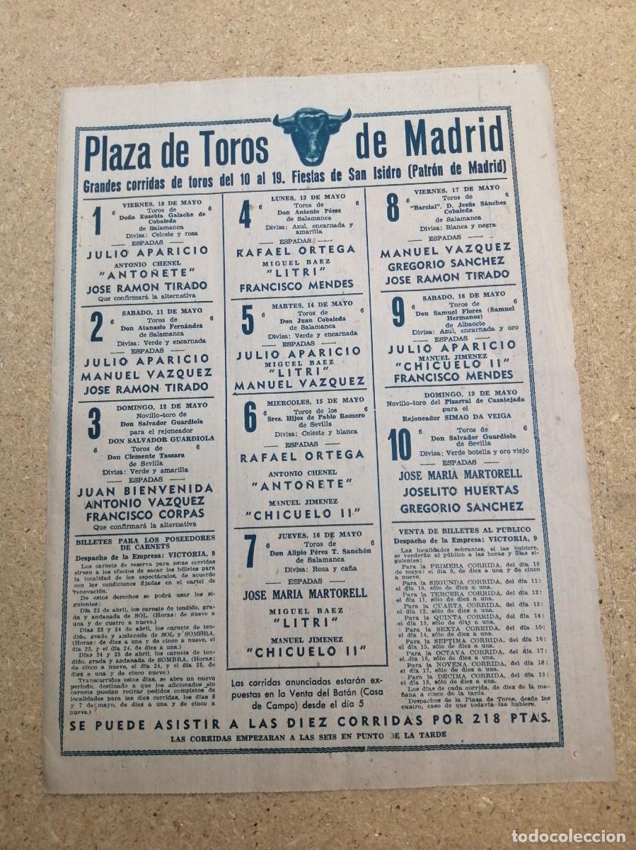 Tauromaquia: PROGRAMACION TAURINA FIESTAS DE SAN ISIDRO, MADRID (A&Ntilde;OS 50)