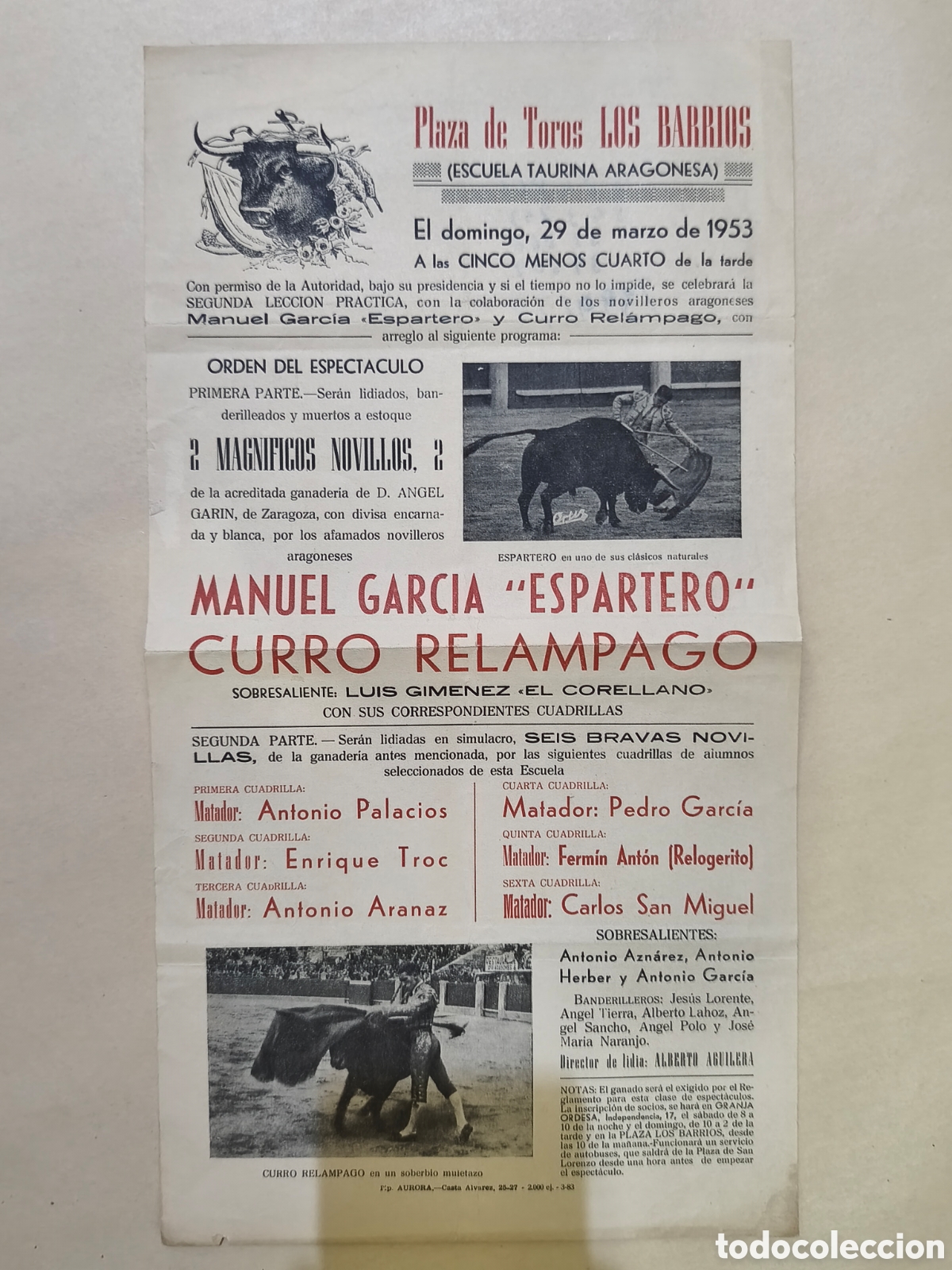 Tauromaquia: 1953 plaza de toros los Barrios, espartero, curro relampago