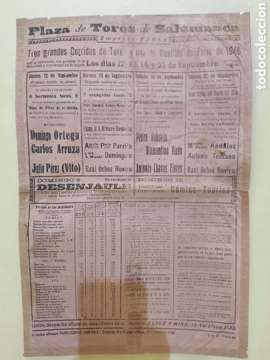Tauromaquia: 1946 cartel plaza toros Salamanca Ortega, Arruza y vito
