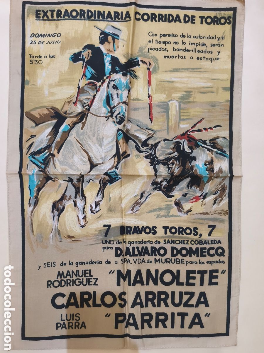 Tauromaquia: Cartel taurino de tela, Manolete, Carlos Arruza y Parrita