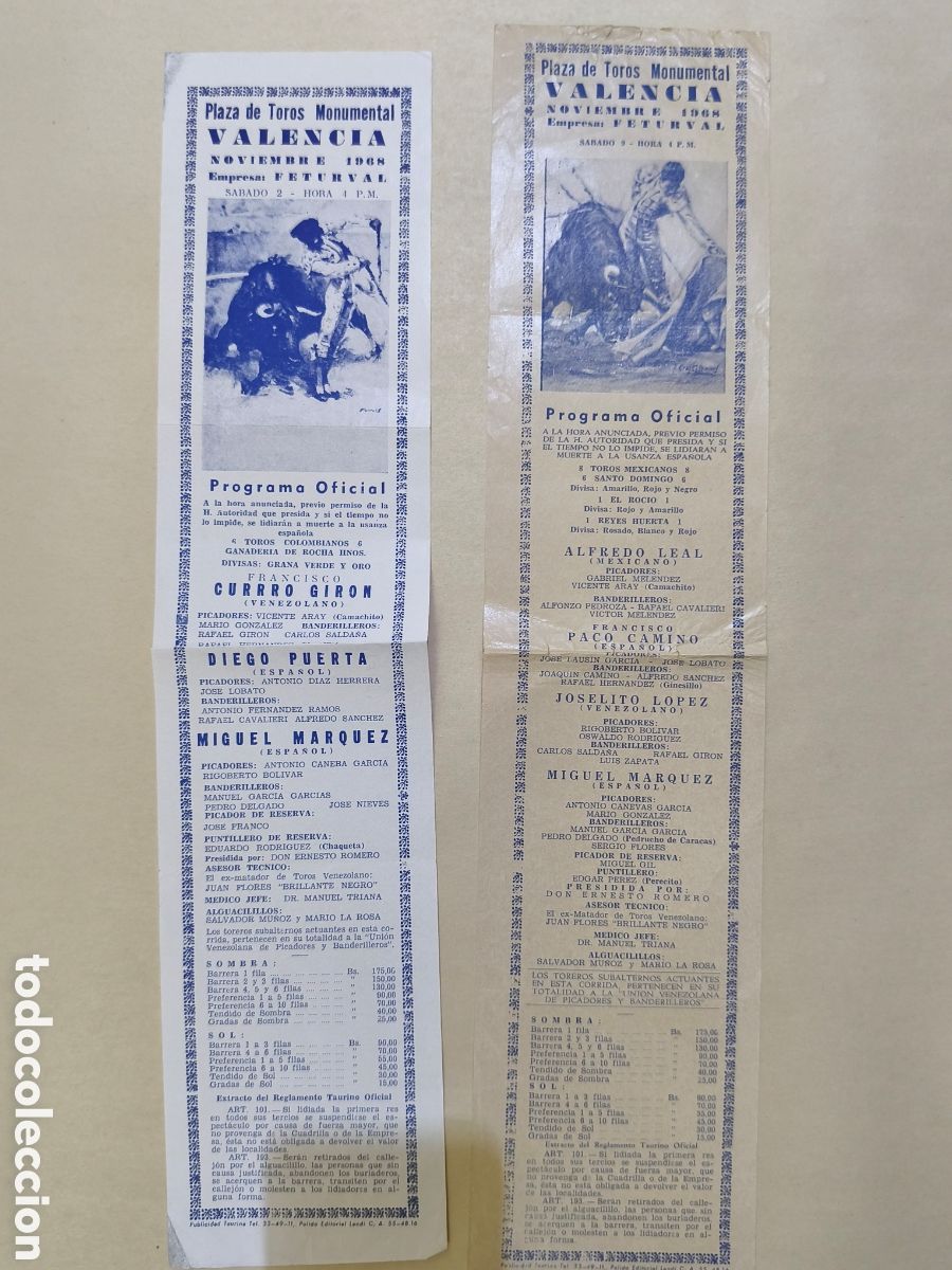 Tauromaquia: 2 programas taurinos 1968 plaza de toros Valencia