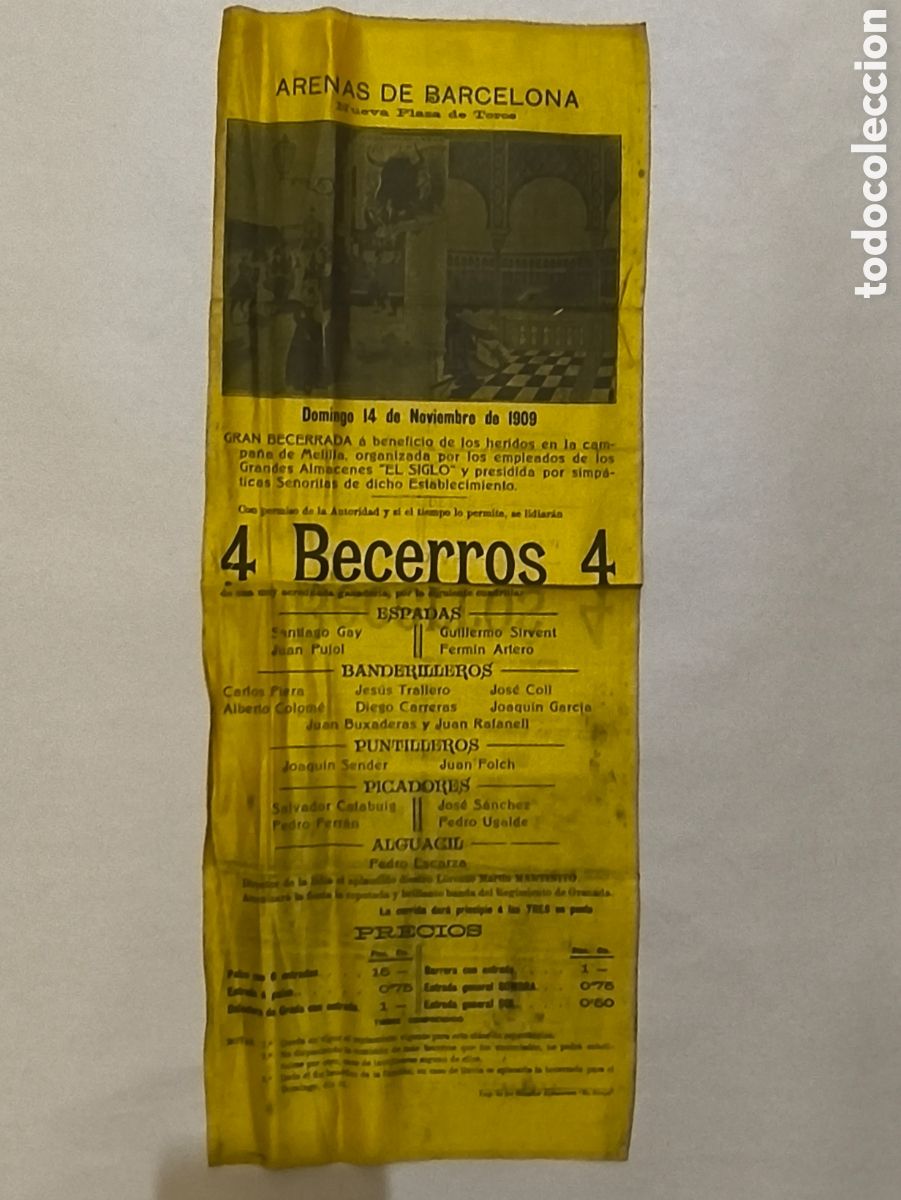 Tauromaquia: 1909 cartel plaza toros Arenas Barcelona, en tela