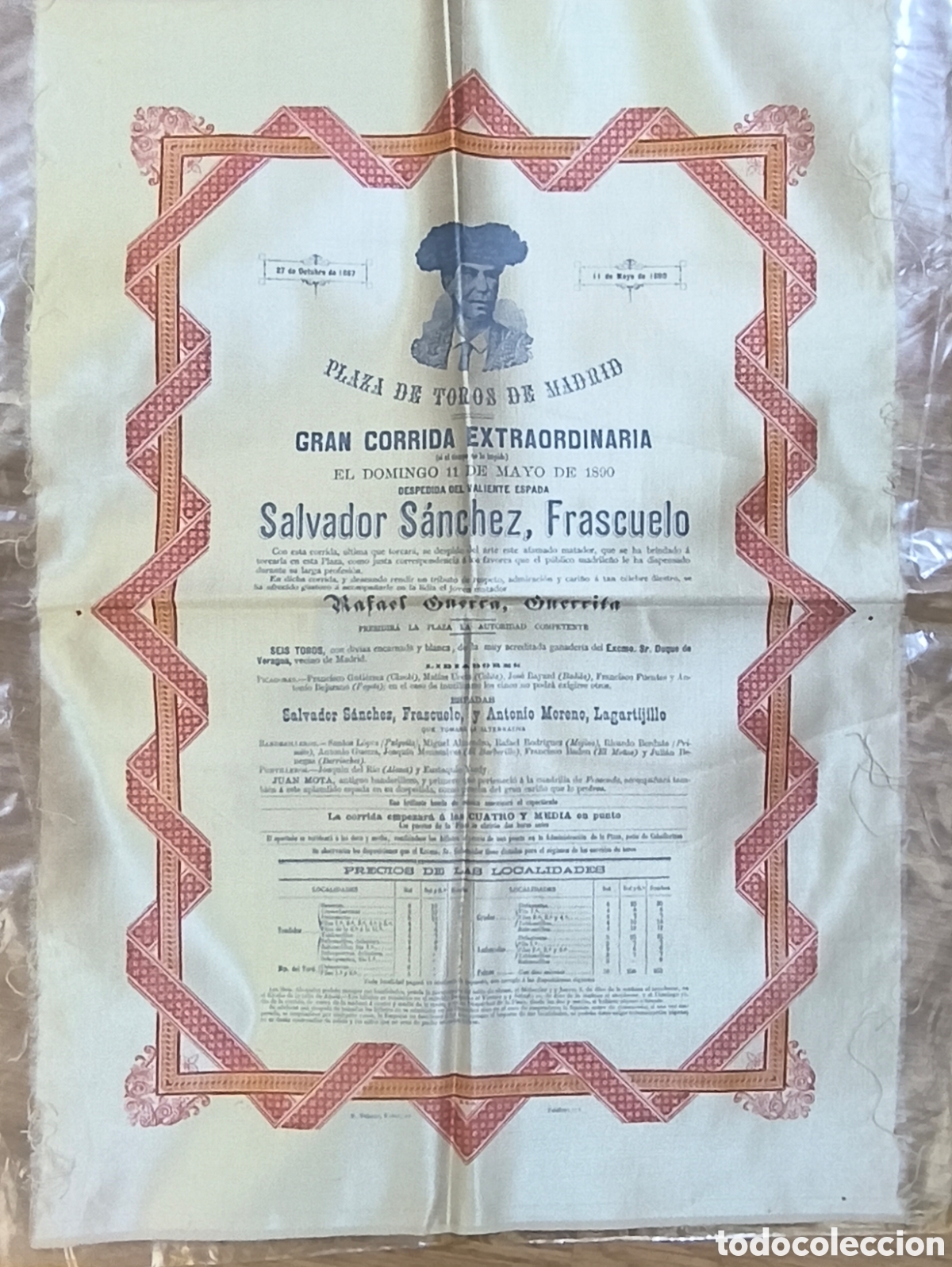 Tauromaquia: 1890 despedida FRASCUELO, Cartel taurino Plaza de toros de Madrid, en tela