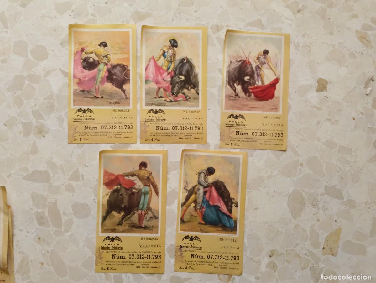Tauromaquia: 5 PAPELETAS DE LOTERIA NACIONAL CON MOTIVOS TAURINOS - FALLA SALVADOR TRINITARIOS VALENCIA - 1963