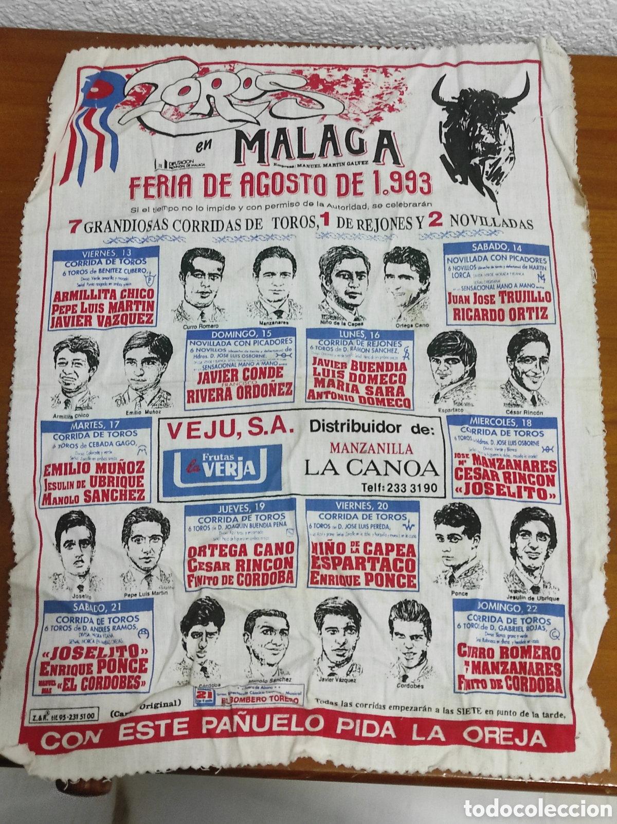 Tauromaquia: Pa&ntilde;uelos de tela conmemorativos taurinos de la Feria de Agosto de M&aacute;laga. 7 unidades