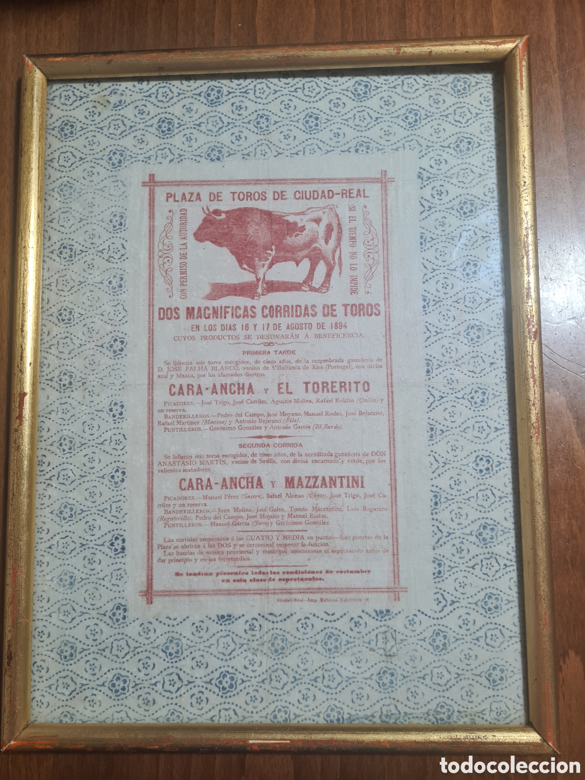 Tauromaquia: Antiguo Cartel Taurino Ciudad Real 1894 &ndash; Cara-Ancha, El Torerito y Mazantini &ndash; Enmarcado