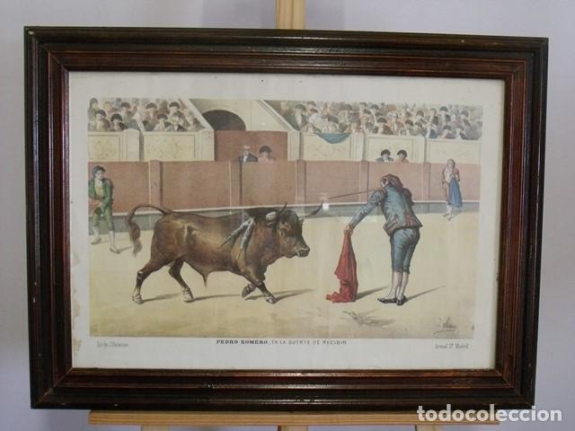 Tauromaquia: Antigua L&aacute;mina Cromolitograf&iacute;a Taurina Pedro Romero En la Suerte de Recibir - Arenal 27 Madrid