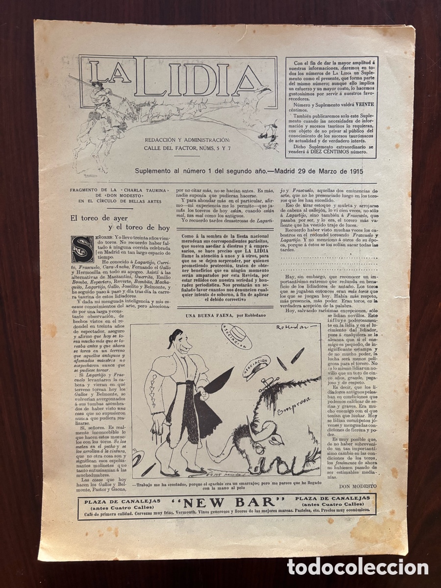Stierkampf: Suplemento al n&ordm; 1 del segundo a&ntilde;o de La Lidia, 29 marzo 1915