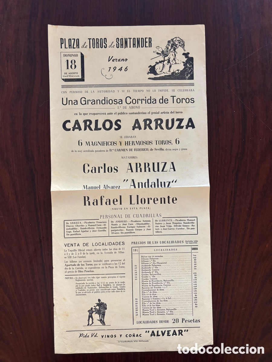 Tauromaquia: Cartel toros Santander. Arruza, Andaluz y Rafael Llorente. 18 de agosto 1946