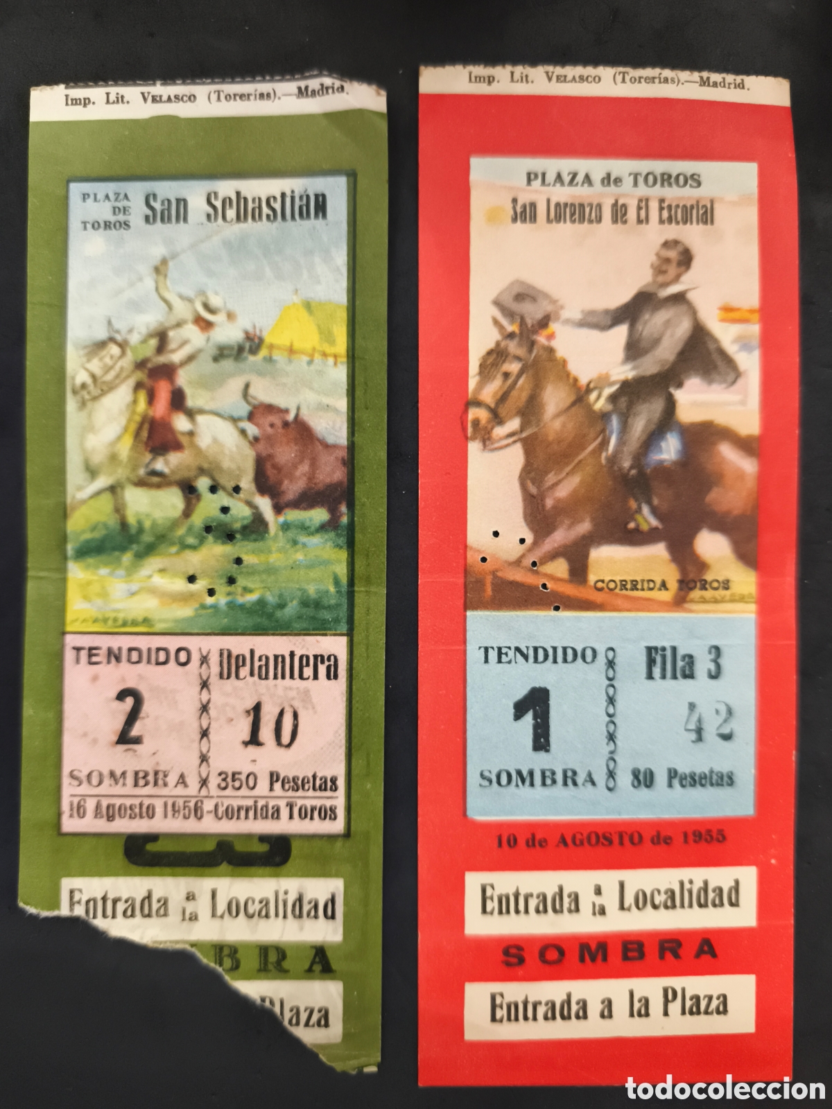Tauromaquia: 2 entradas plaza toro san Sebasti&aacute;n y san Lorenzo escorial 1955