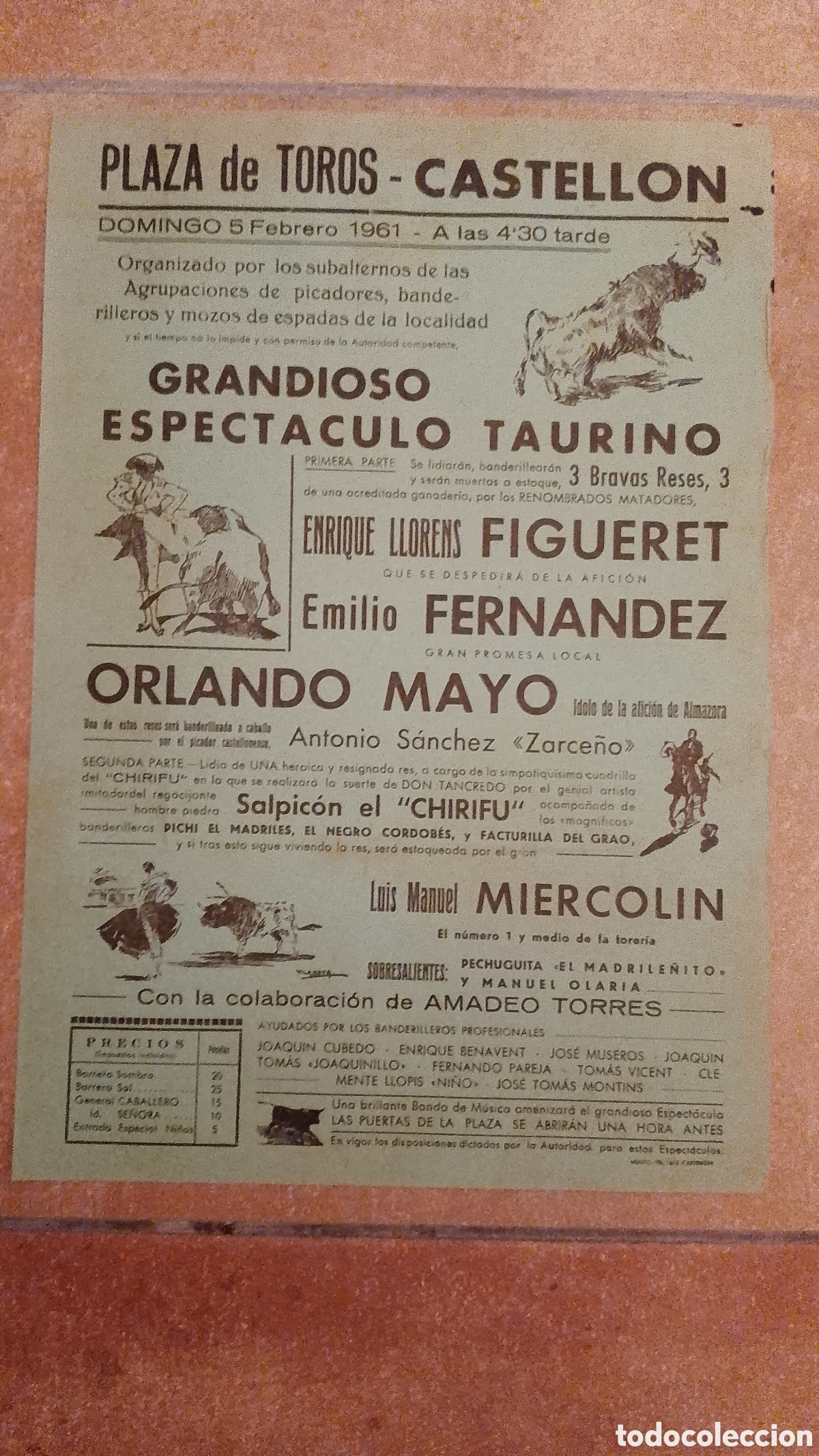 Tauromaquia: CARTEL - PLAZA DE TOROS CASTELLON - 5 FEBRERO 1961 - FIGUERET - ORLANDO MAYO - EMILIO FERNANDEZ