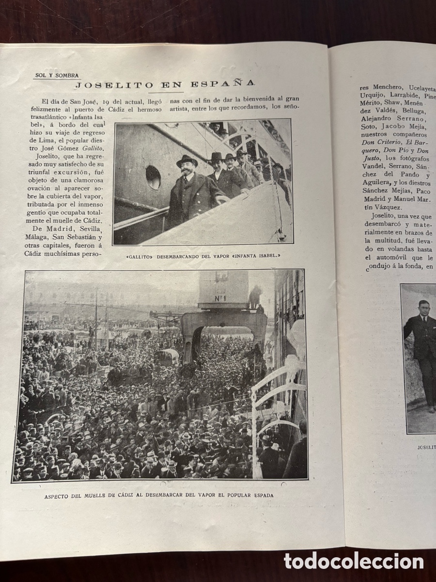 Tauromachia: Llegada de Joselito el Gallo (Gallito) a Espa&ntilde;a desde Lima. Revista Sol y Sombra, n&ordm; 1.196