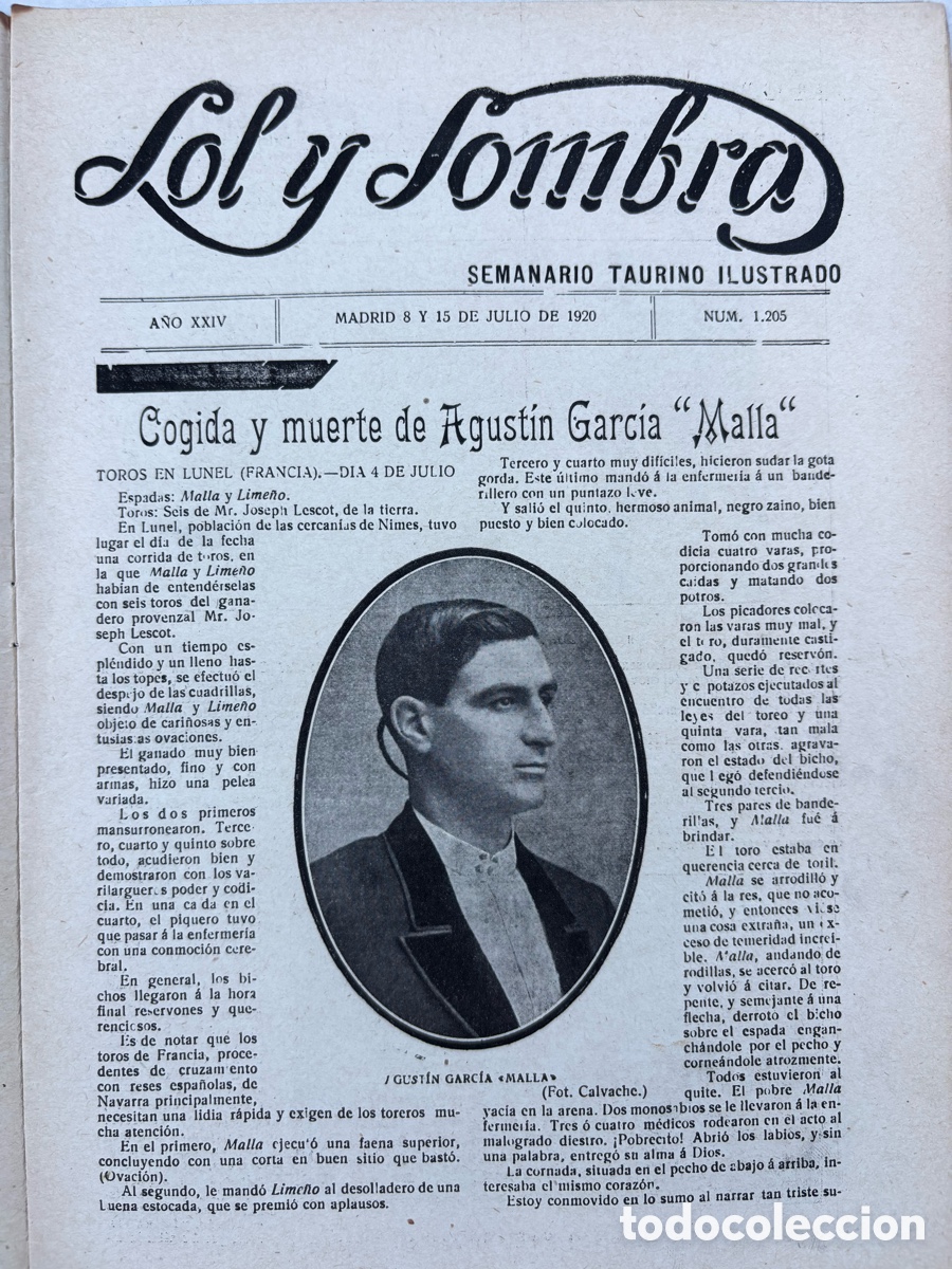 Tauromachie: Cogida y muerte de Agust&iacute;n Garc&iacute;a Malla. Revista Sol y Sombra, n&ordm; 1.205, de 8-15 julio 1920