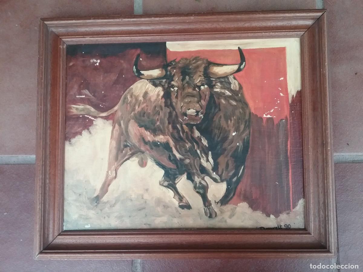 Stierkampf: OLEO SOBRE TABLA TORO EN EL RUEDO FIRMADO DAUVELT 90