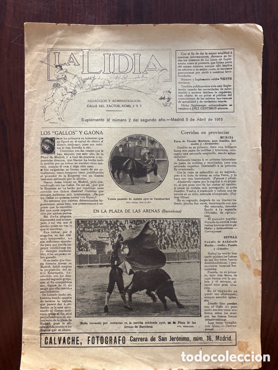 Bullfighting: Suplemento al n&ordm; 2 del segundo a&ntilde;o de La Lidia, 5 de abril de 1915