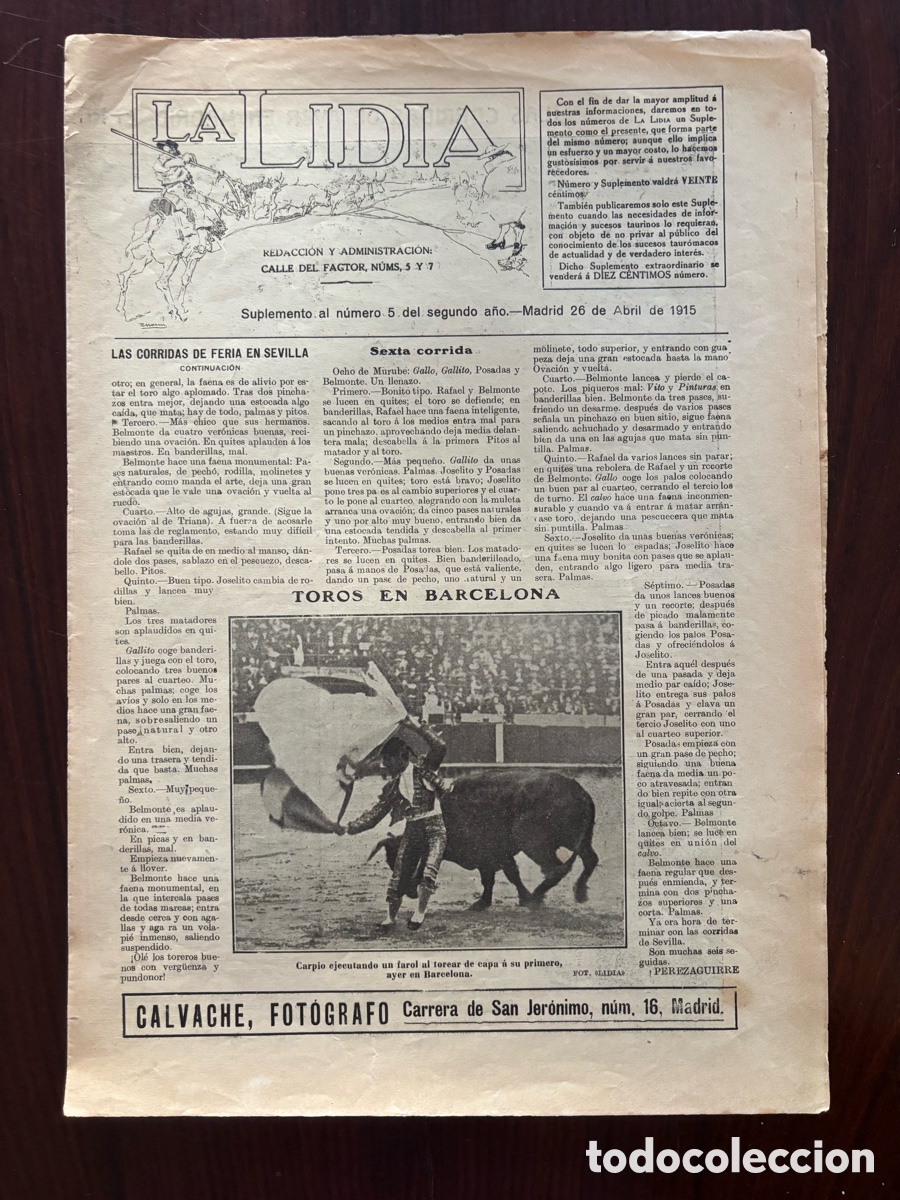 Bullfighting: Suplemento al n&ordm; 5 del segundo a&ntilde;o de La Lidia, 25 de abril de 1915. Triunfo de Belmonte en Madrid