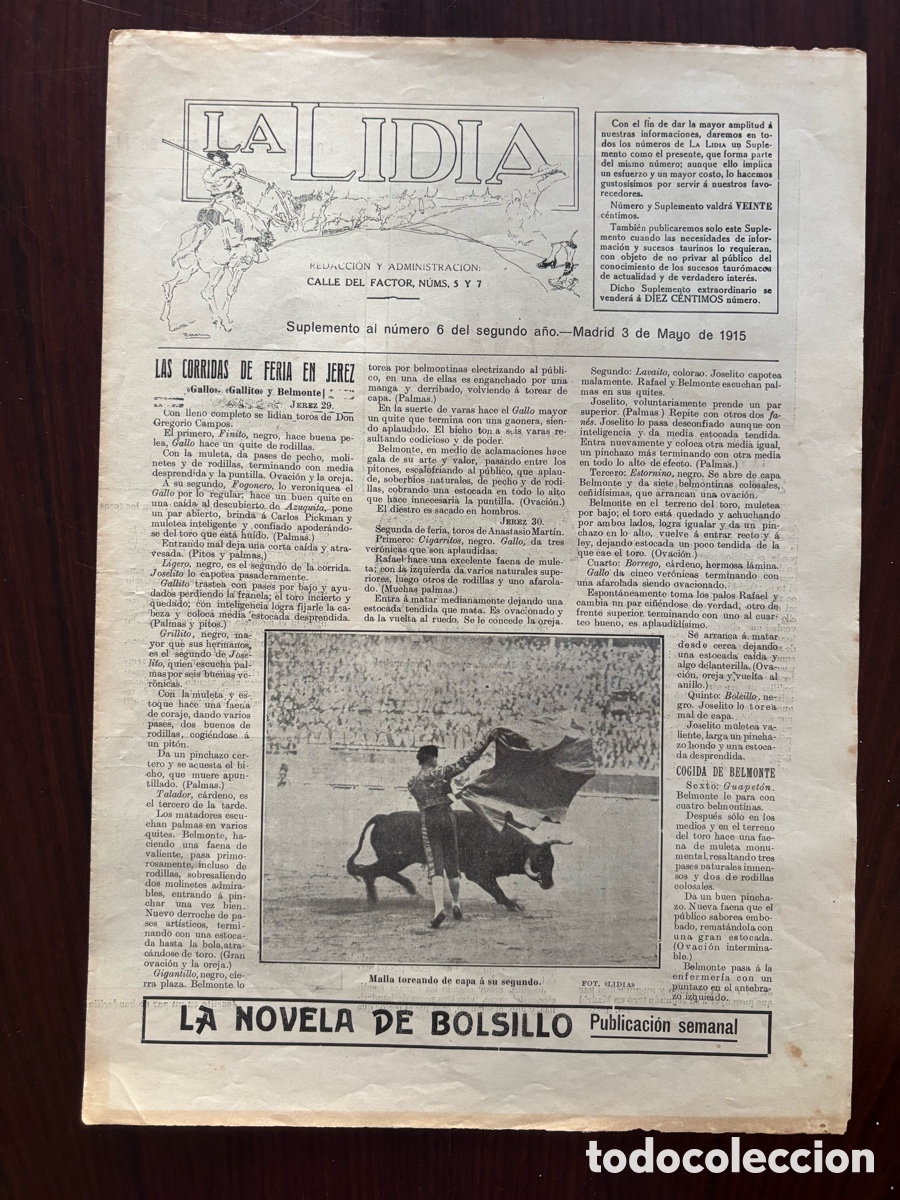 Stierkampf: Suplemento al n&ordm; 6 del segundo a&ntilde;o de La Lidia, 3 mayo 1915. Fotos de Joselito el Gallo (Gallito)