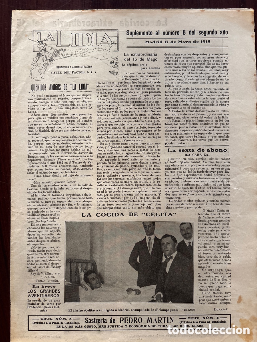 Bullfighting: Triunfo de Joselito el Gallo (Gallito) en Madrid. Suplemento al n&ordm; 8 de La Lidia, 17 de mayo de 1915