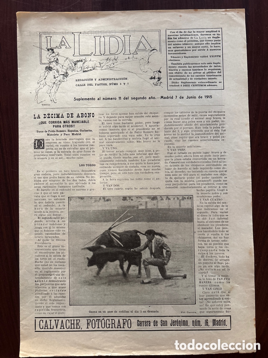 Bullfighting: Suplemento al n&ordm; 11 del segundo a&ntilde;o de La Lidia, 7 junio 1915. Gaona, Belmonte, Cocherito, Celita&hellip;