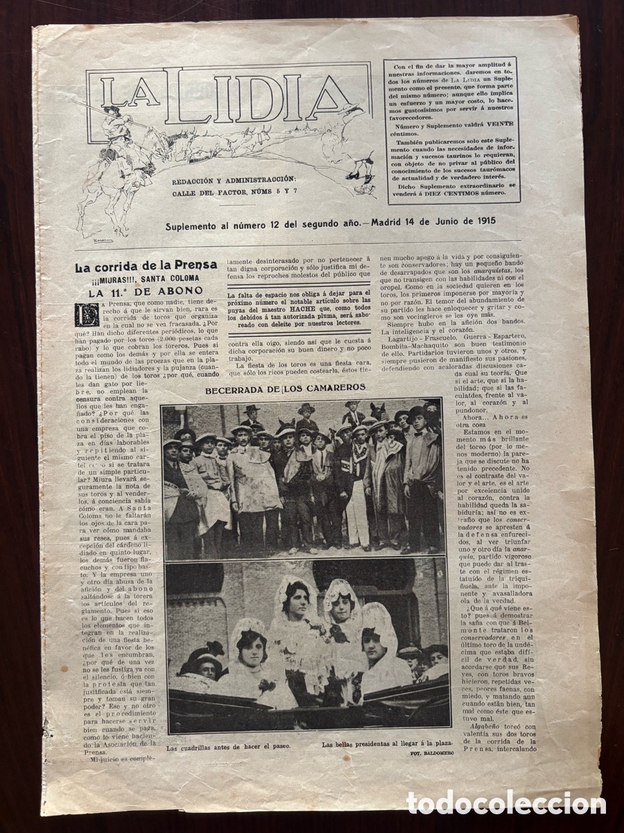 Tauromaquia: Joselito el Gallo (Gallito) y Juan Belmonte en Madrid. Suplemento al n&ordm; 12 La Lidia, 14 junio 1915