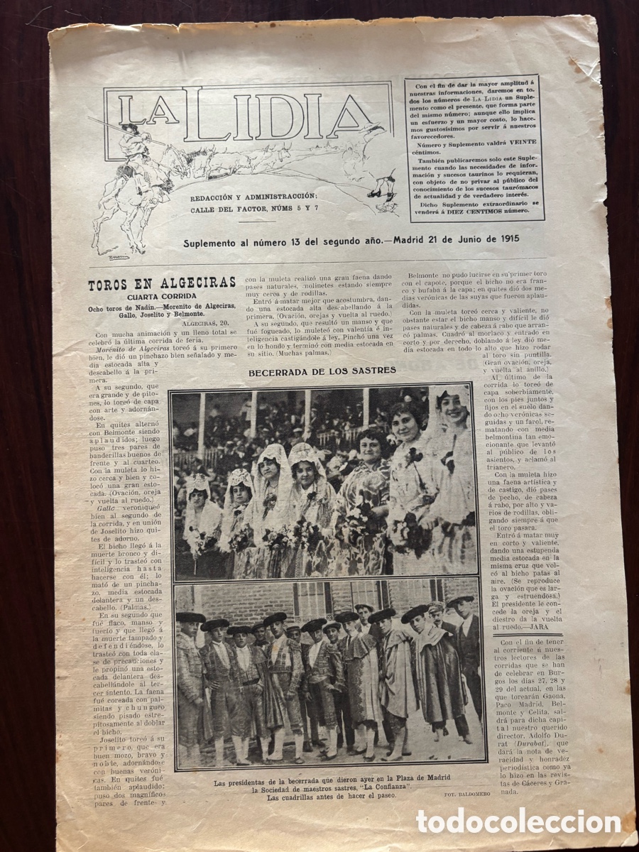 Tauromachia: Suplemento al n&ordm; 13 del segundo a&ntilde;o de La Lidia, 21 junio 1915. Celita, Bombita III, V&aacute;zquez&hellip;