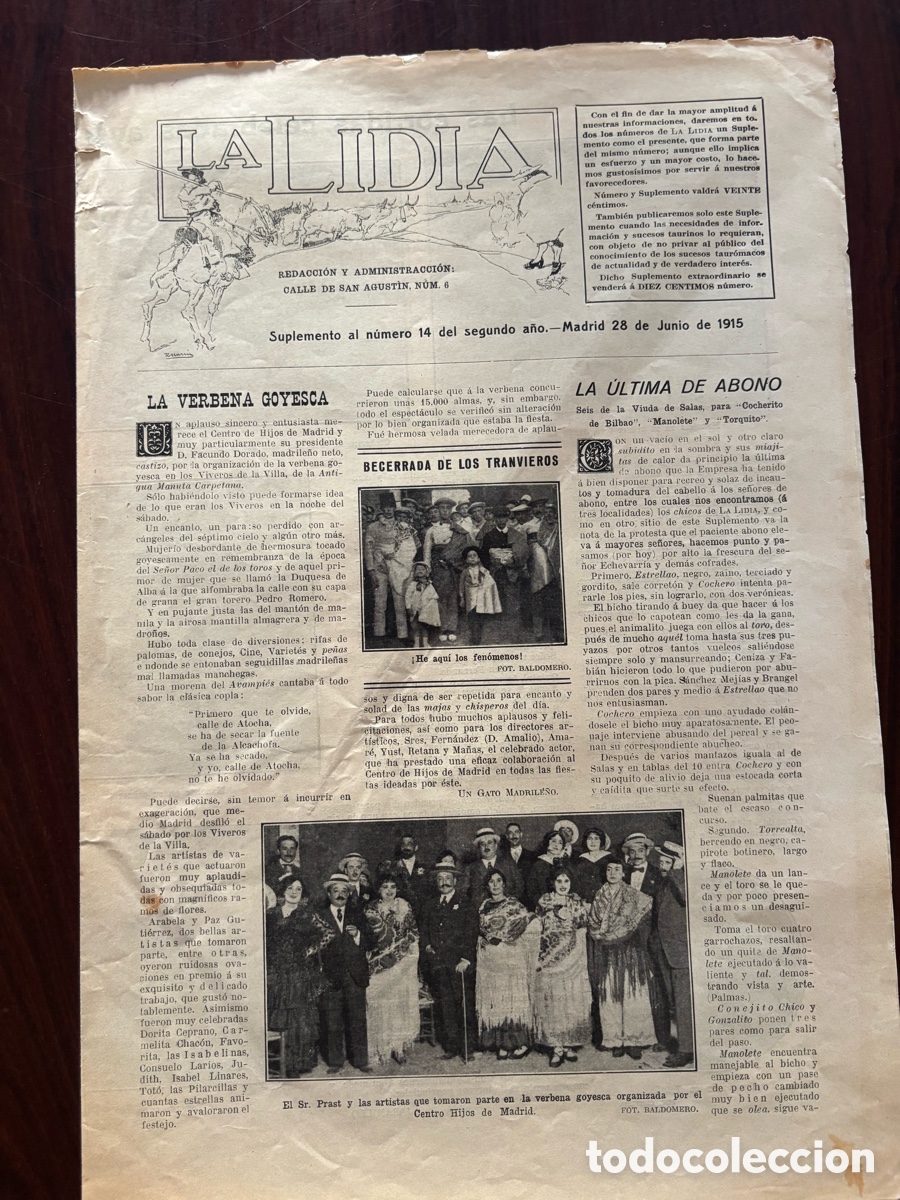 Stierkampf: Suplemento al n&ordm; 14 del segundo a&ntilde;o de La Lidia, 28 junio 1915. Manolete padre, Cocherito, Torquito