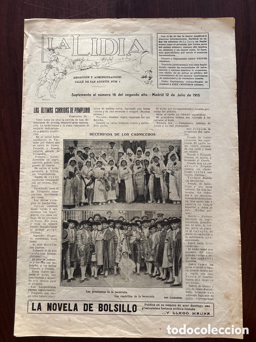 Bullfighting: Suplemento al n&ordm; 16 del segundo a&ntilde;o de La Lidia, 12 julio 1915. Triunfo de Joselito en Barcelona