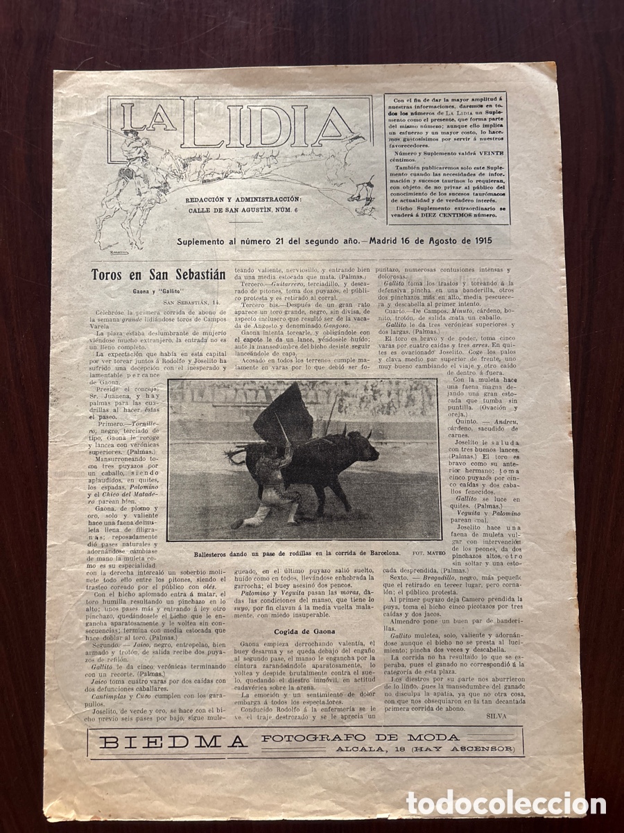 Stierkampf: Suplemento al n&ordm; 21 del segundo a&ntilde;o de La Lidia, 16 agosto 1915. Gaona, cogido