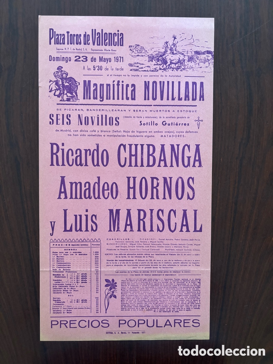 Tauromaquia: Cartel toros Valencia, 23 de mayo 1971. Ricardo Chibanga (torero negro), Amadeo Hornos y L. Mariscal