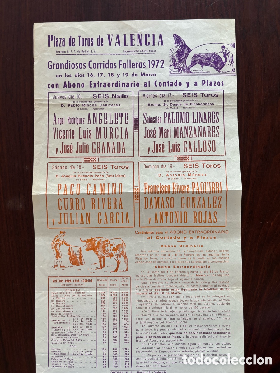 Tauromaquia: Cartel toros Valencia. Feria de Fallas 1972. Palomo, Manzanares, Galloso, Camino, Paquirri, D&aacute;maso