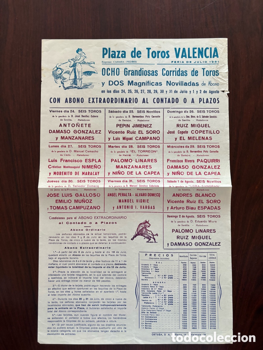 Tauromaquia: Cartel toros Valencia. Feria de Julio 1981. Anto&ntilde;ete, D&aacute;maso Gonz&aacute;lez, Manzanares, El Soro, Miura