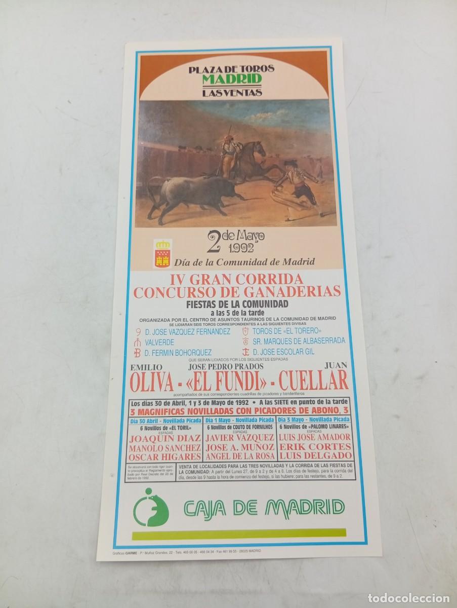 Tauromaquia: CARTEL TOROS. MADRID. 1992. GANADERIA VALVERDE. EMILIO OLIVA. EL FUNDI. JUAN CUELLAR.