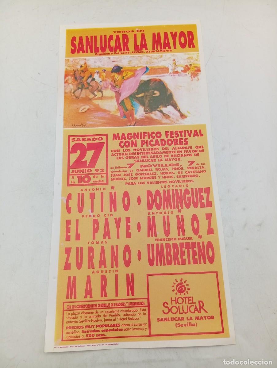 Tauromaquia: CARTEL TOROS. SANLUCAR LA MAYOR. 1992. GANADERIA HNOS. PERALTA. CUTI&Ntilde;O. EL PAYE. ZURANO. MARIN.MU&Ntilde;OZ