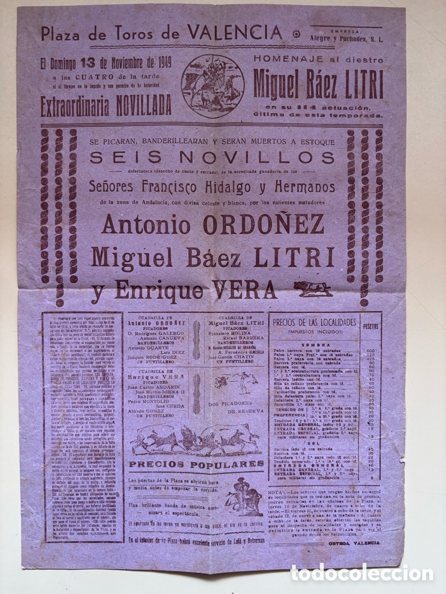 Tauromaquia: Actuaci&oacute;n n&ordm; 114 de Litri en 1949. Cartel toros Valencia, 13 noviembre. Antonio Ord&oacute;&ntilde;ez y E. Vera