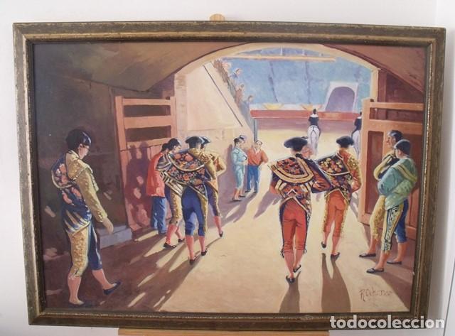 Tauromaquia: Cuadro Taurino &Oacute;leo sobre lienzo Toreros en el patio de cuadrillas - Firmado