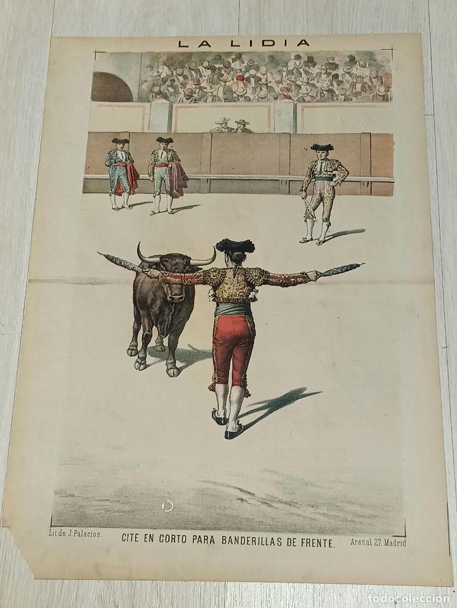 Tauromaquia: La Lidia. Litograf&iacute;a. &rdquo;Cite en corto para banderillas de frente&rdquo;. Lit. de J. Palacios.