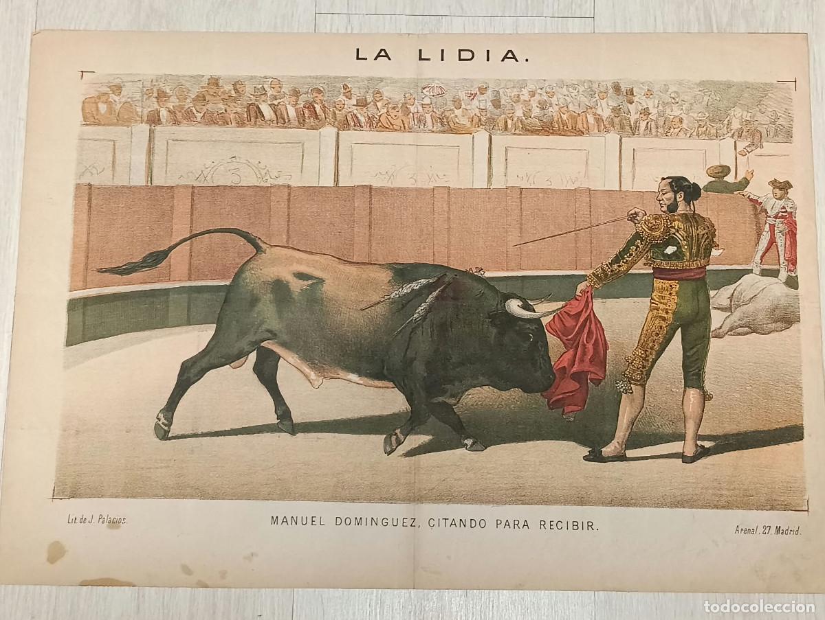Tauromaquia: La Lidia. Litograf&iacute;a. &rdquo;Manuel Dominguez, citando para recibir&rdquo;. Lit. de J. Palacios.