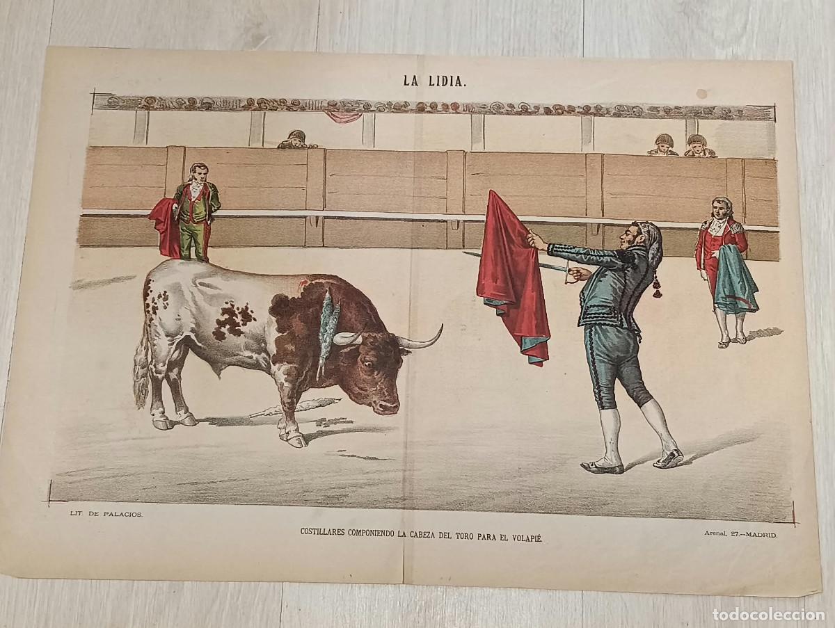 Tauromaquia: Litograf&iacute;a. &rdquo;Costillares componiendo la cabeza del toro para el Volapi&eacute;&rdquo;. Lit. de J. Palacios.