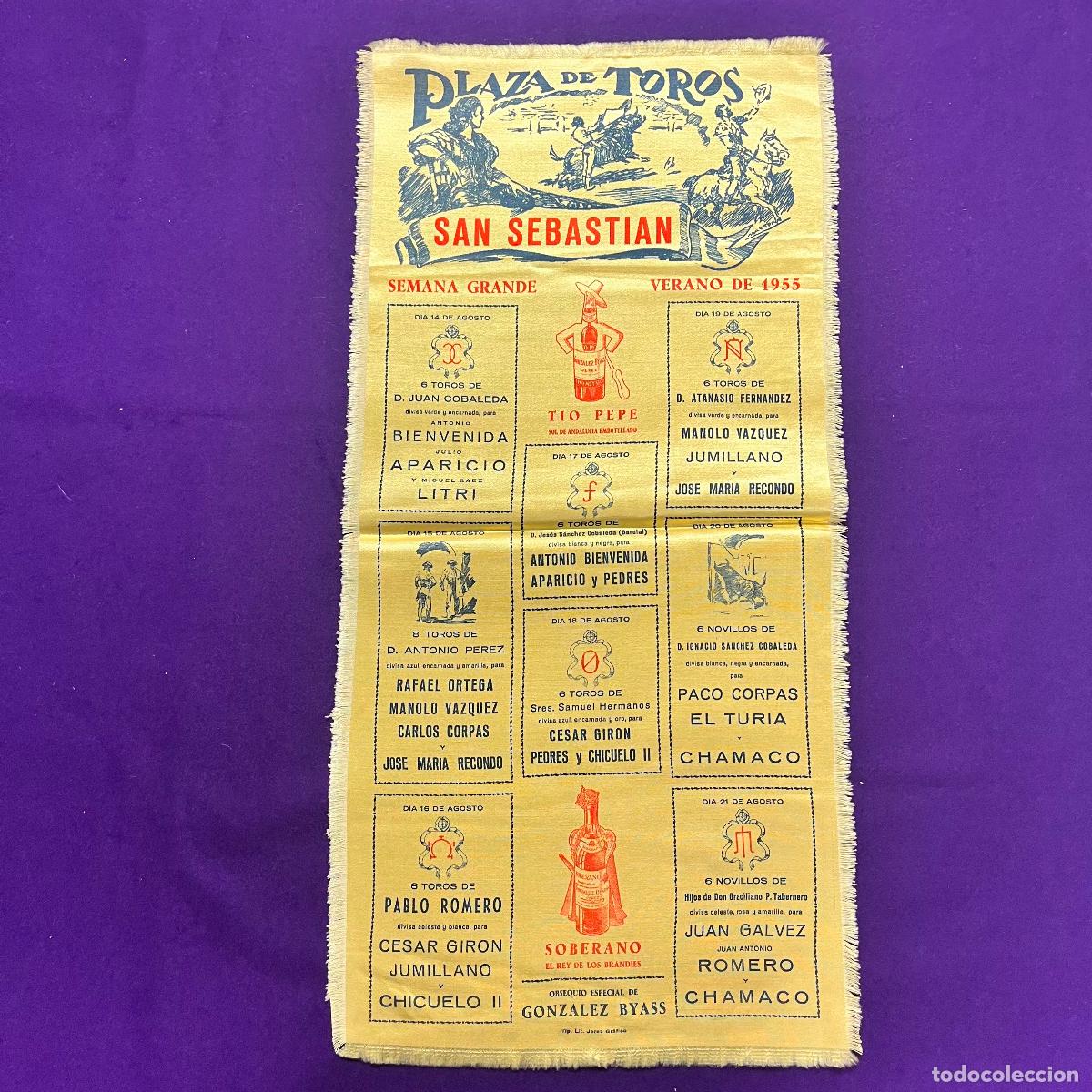 Bullfighting: CARTEL DE TOROS EN TELA DE SEMANA GRANDE DE SAN SEBASTIAN. A&Ntilde;O 1955.
