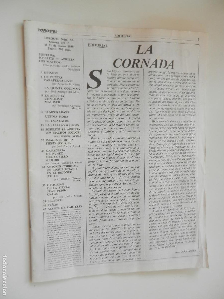 Tauromaquia: TOROS 92 N&ordm; 57 - PORTADA JOSE LITO SE APRIETA LOS MACHOS - VER SUMARIO