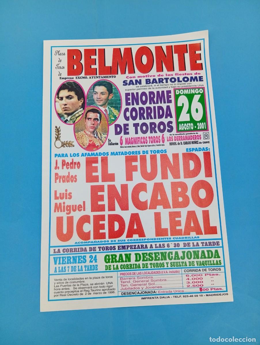 Stierkampf: CARTEL TOROS. BELMONTE, CUENCA. 2001. GANADERIA LOS DERRAMADEROS. EL FUNDI. ENCABO. UCEDA LEAL.