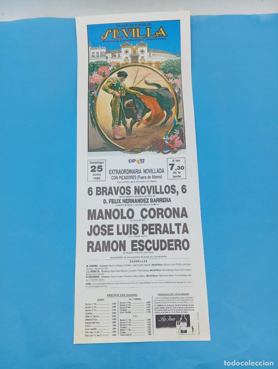 Stierkampf: CARTEL TOROS. SEVILLA. 1989. GANADERIA HERNANDEZ BARRERA. MANOLO CORONA. J.L.PERALTA. RAMON ESCUDERO