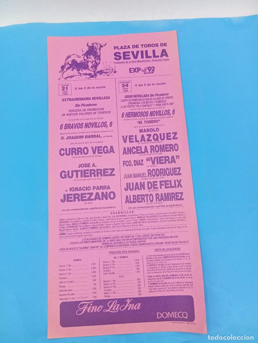 Tauromachia: CARTEL TOROS. SEVILLA. 1988. GANADERIA JOAQUIN BARRAL. CURRO VEGA. GUTIERREZ. JEREZANO. FCO. VIERA.