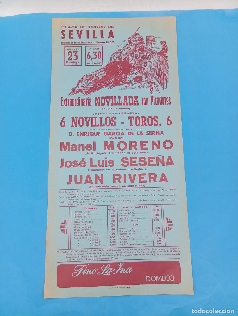 Bullfighting: CARTEL TOROS. SEVILLA. 1984. GANADERIA G&ordf;. DE LA SERNA. MANEL MORENO. JOSE LUIS SESE&Ntilde;A. JUAN RIVERA.