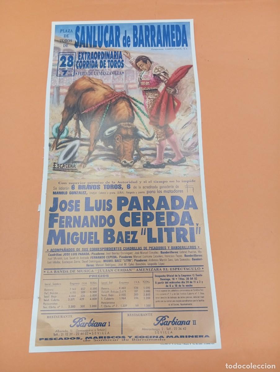 Tauromaquia: CARTEL TOROS. SANLUCAR DE BARRAMEDA. 1989. GANADERIA MANOLO GONZALEZ. J.L. PARADA. FDO. CEPEDA.LITRI