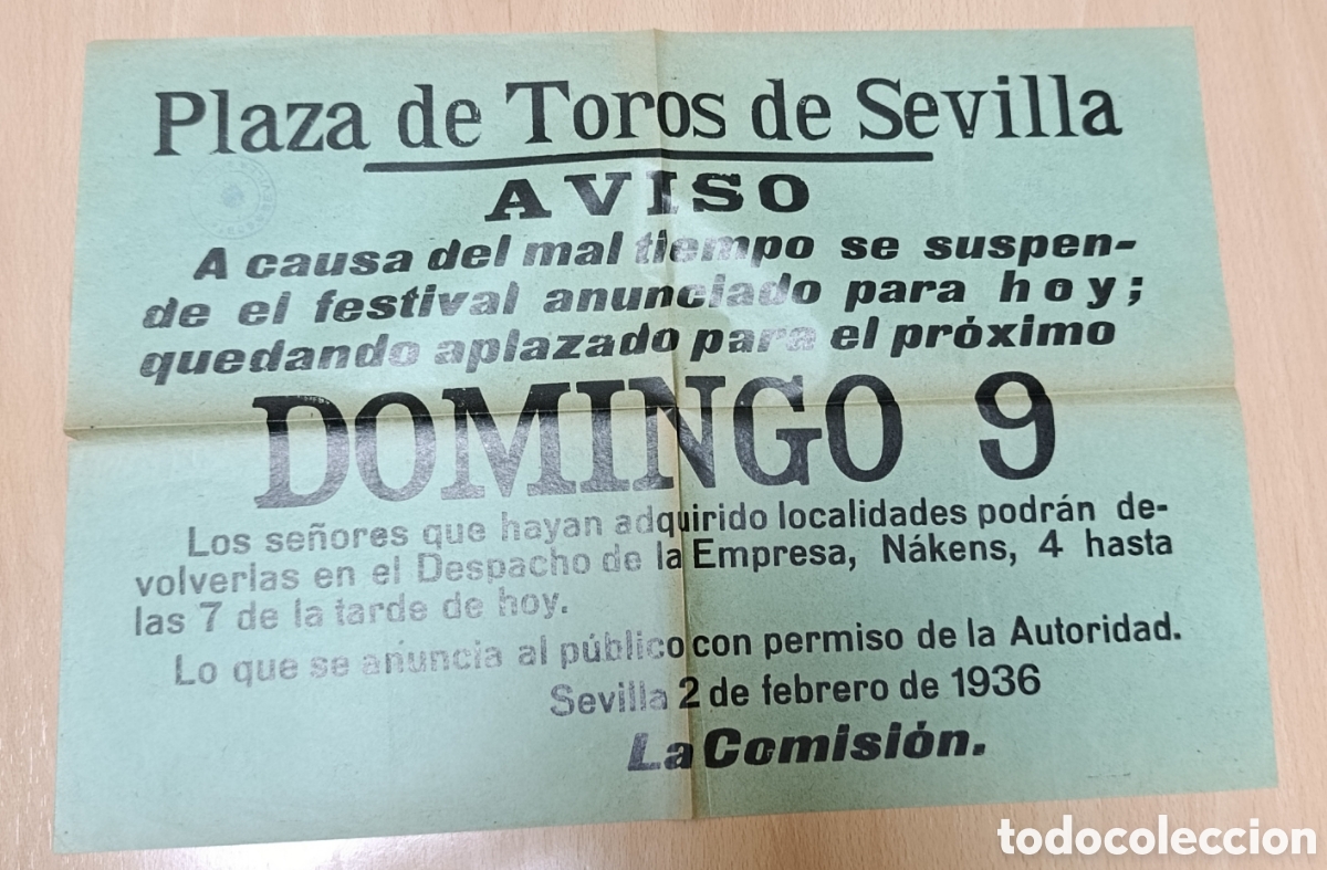 Tauromaquia: Antiguo Bando / Aviso Taurino Plaza de Toros de Sevilla - 2 Febrero 1936 (Suspensi&oacute;n por Mal Tiempo)