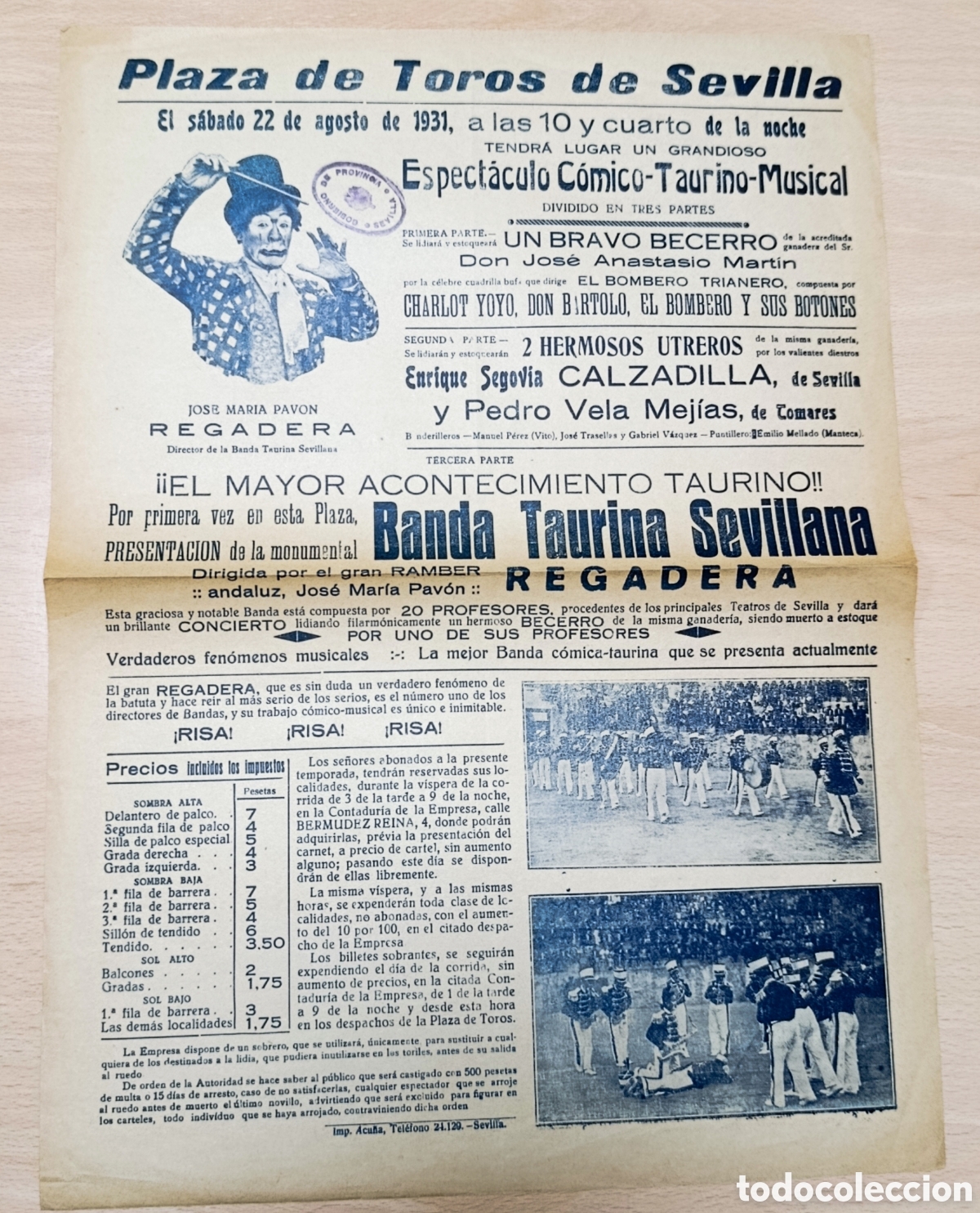 Tauromaquia: Antiguo Cartel Taurino Sevilla 1931 - Espect&aacute;culo C&oacute;mico-Taurino &rdquo;Banda Taurina Sevillana Regadera&rdquo;