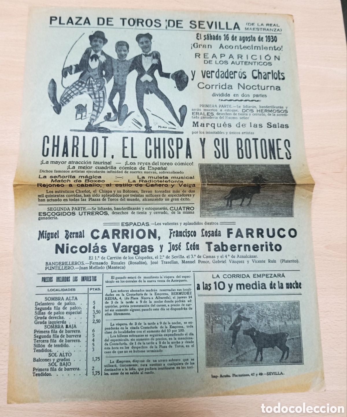 Tauromaquia: Cartel Taurino Antiguo Plaza de Toros de Sevilla - 16 Agosto 1930 (Toreo C&oacute;mico &rdquo;Charlots&rdquo;)