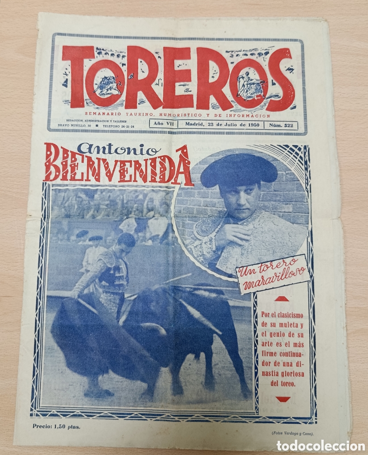 Tauromaquia: Semanario Taurino TOREROS N&ordm; 322 (1950) - Portada Antonio Bienvenida y Alfredo Jim&eacute;nez - Fotograf&iacute;as