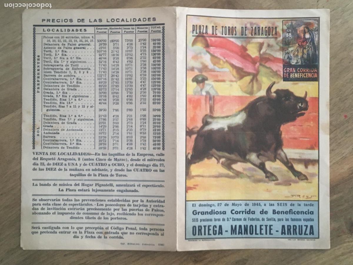 Tauromaquia: manolete plaza toros zaragoza 1945 folleto de mano original antiguo de la corrida